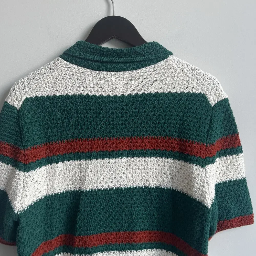 Banana Republic Shirt Mens M Striped Crochet Short Sleeve Button Front